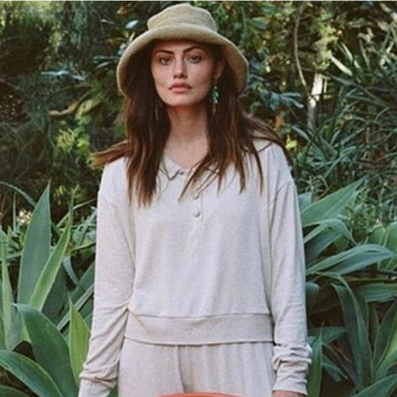 Lesjour! Heathered Oatmeal The Henley Ecovera Button Collar Long Sleeve Polo Top - Picture 1 of 11